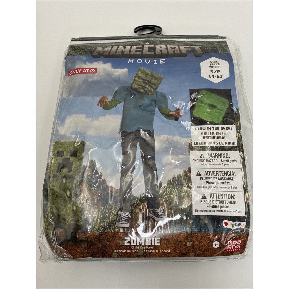 Minecraft Movie Zombie Child Costume Glow in Dark Mask Kids Size Small 4-6 NEW